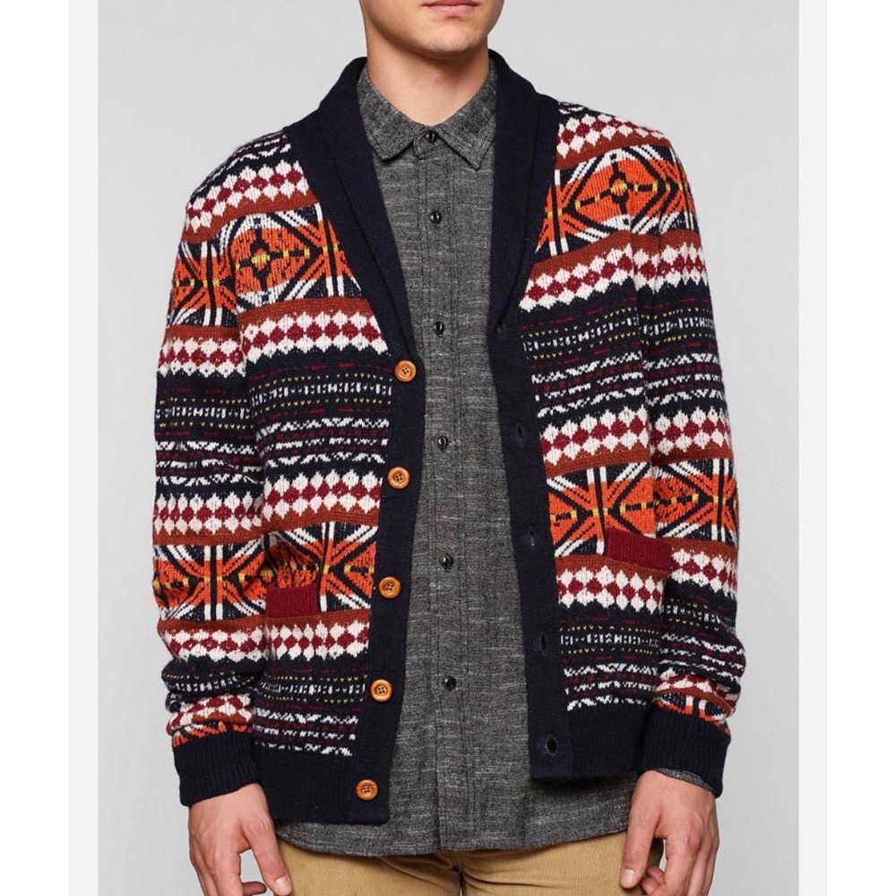 O'Hanlon Mills Mens Southwestern Fair Isle Shawl Collar Cardigan Sweater XL Navy